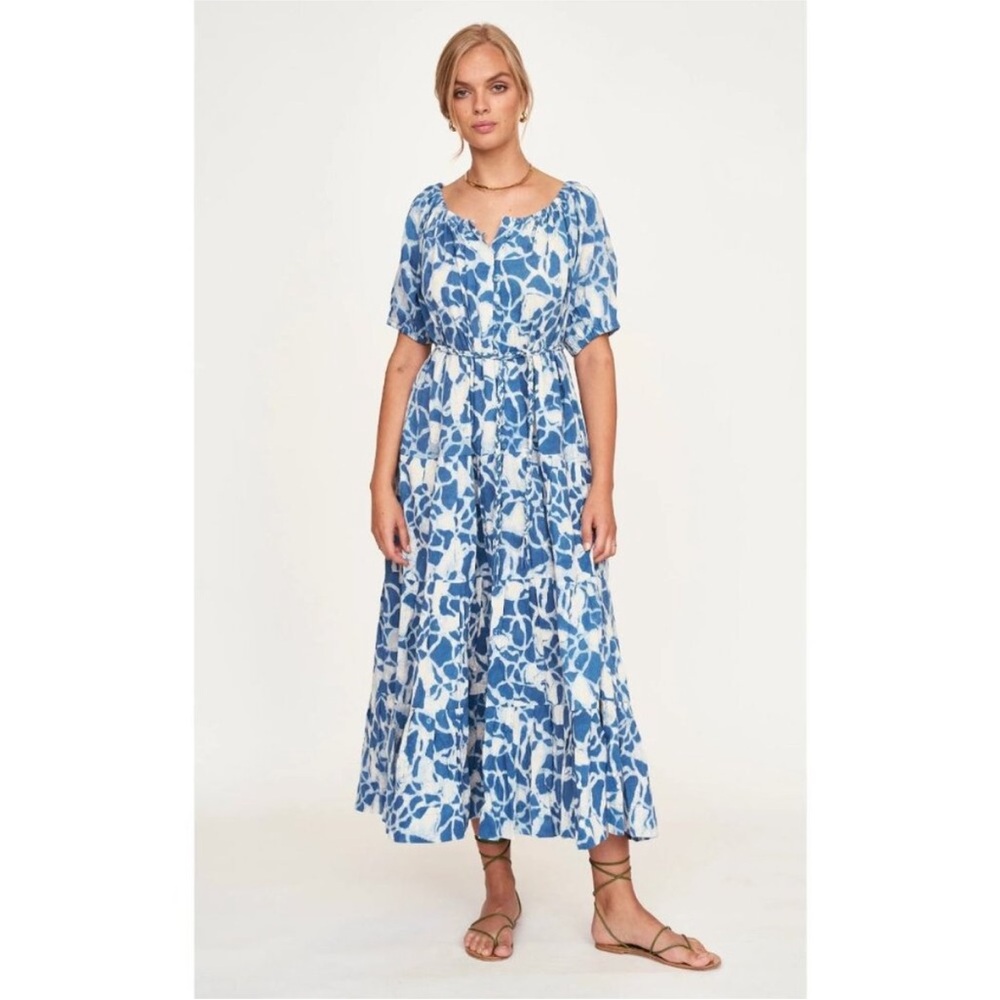 Mirth || Capri Belted Maxi Dress in Indigo Crackle‎ Batik Blue Small